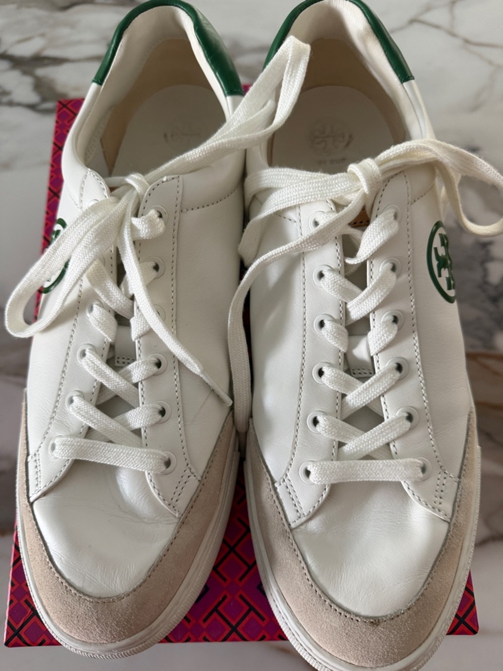 Tory Burch White Leather Sneakers with Green Logo and Heel Tab/color block - Picture 5 of 8
